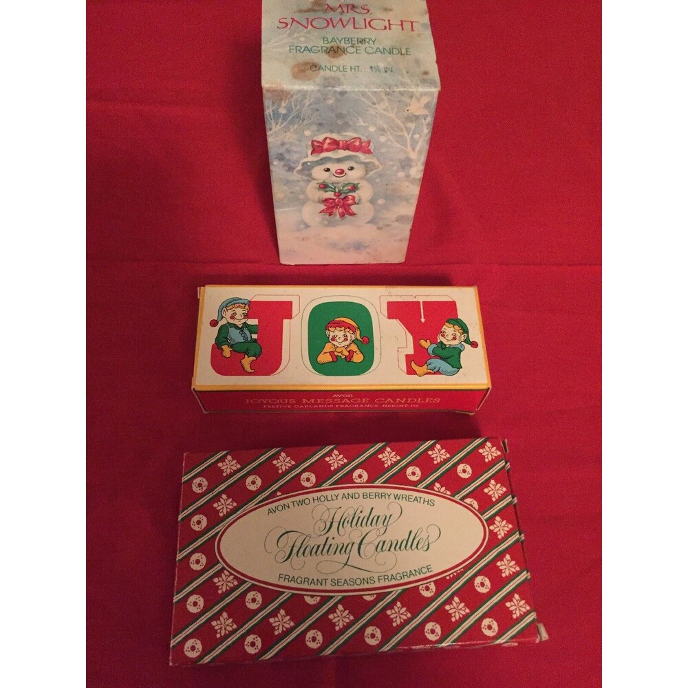 Avon Christmas Candles Vintage Three Boxes Snow Lady, Wreaths And Joy NOS